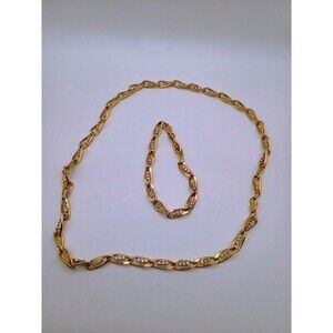 Gold Tone Pavé Paperclip Chain Necklace And Bracelet Set - Rhinestone Links